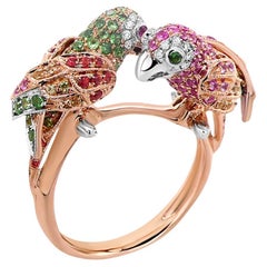 Parrot Bird Multi-Colour Sapphire Ruby Diamond & Garnet 18K Rose Gold Ring