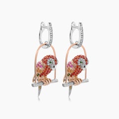 Parrot Bird Orange Sapphire Diamonds Gem 18K White & Rose Gold Drop Earrings