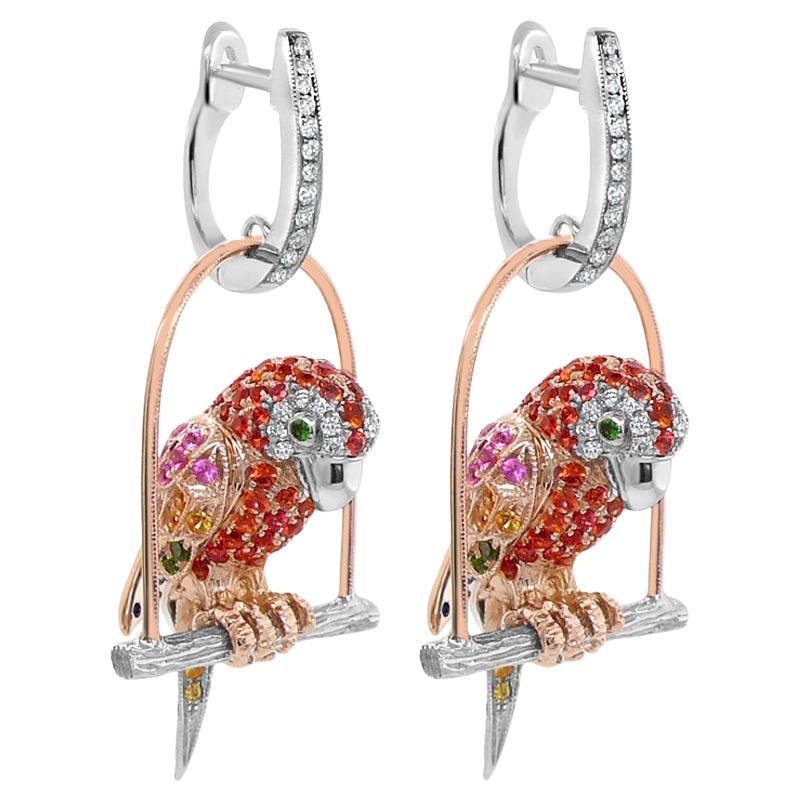 Orecchini a goccia con zaffiro arancione e diamanti in oro bianco e rosa 18 carati in vendita