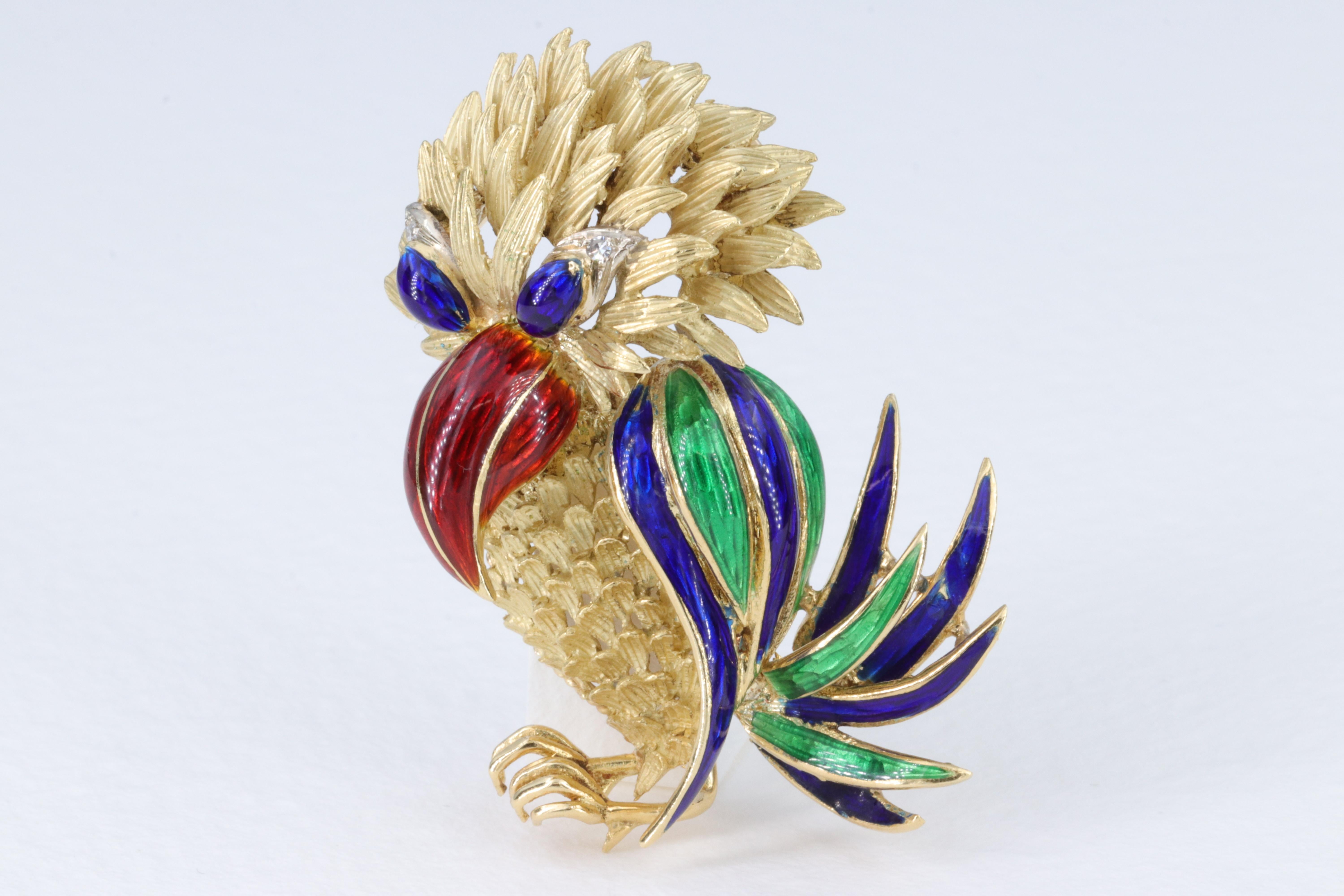 This cute mid century parrot / bird pendant is crafted of 18 karat yellow gold, diamonds and blue and green hand done enamel and is fashioned with two large eyelets / loops to easily slide on and off most chains. The openings are 4 millimeters each.
