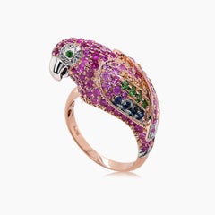 Parrot Bird Pink Sapphire Diamond Sapphires & Garnet 18K Rose Gold Ring