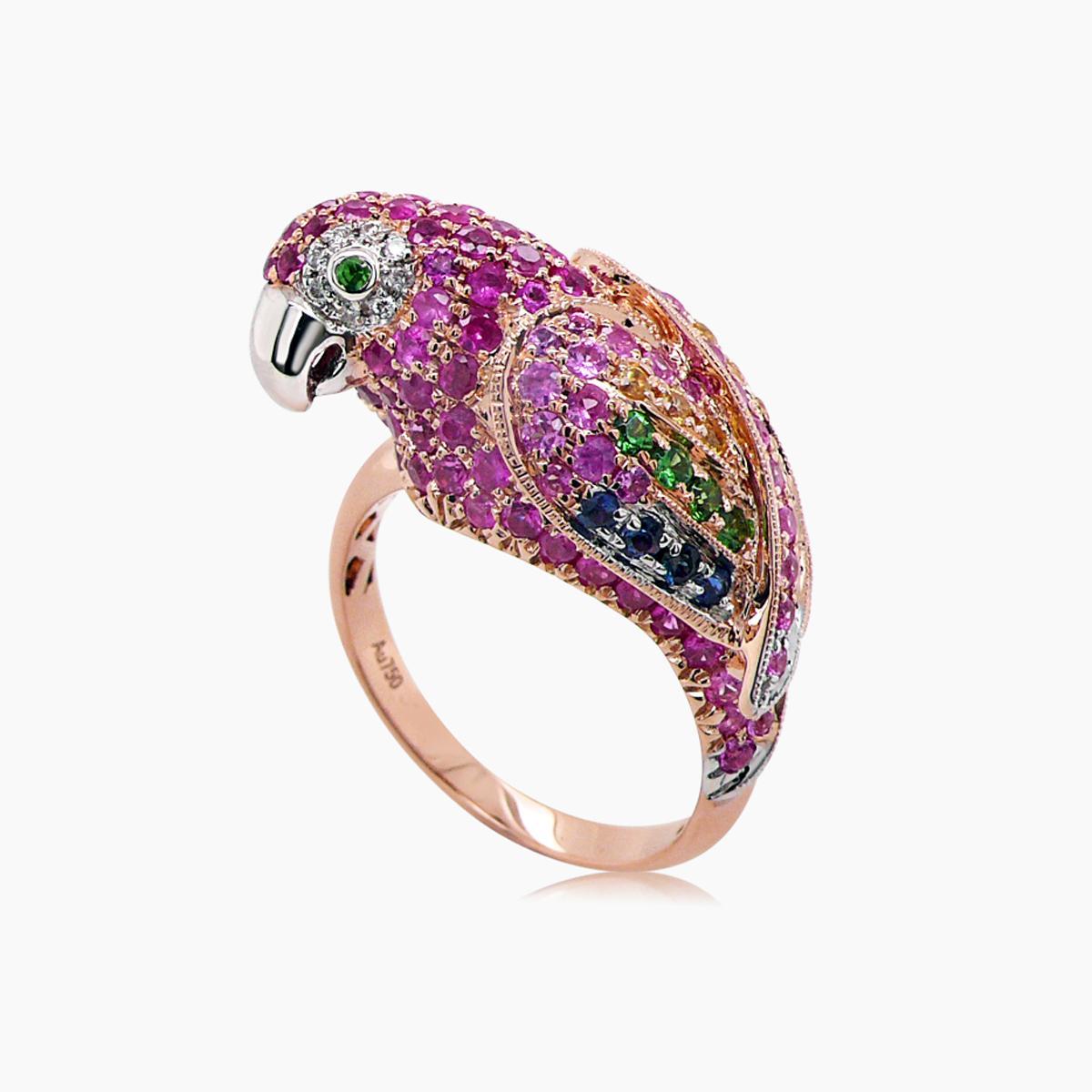 Taglio misto Uccello pappagallo Pink Diamond Zaffiri e granato Anello in oro rosa 18 carati in vendita