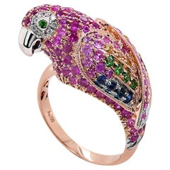 Parrot Bird Pink Sapphire Diamond Sapphires & Garnet 18K Rose Gold Ring
