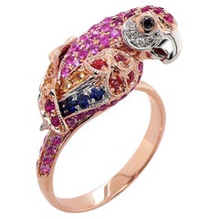 Parrot Bird Pink Sapphire Ruby Diamond & Multi-Sapphire 18K Rose Gold Ring