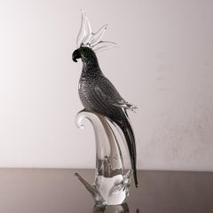 Parrot bird Sculpture in Murano glass, dark green silver leaf Formia Venezia