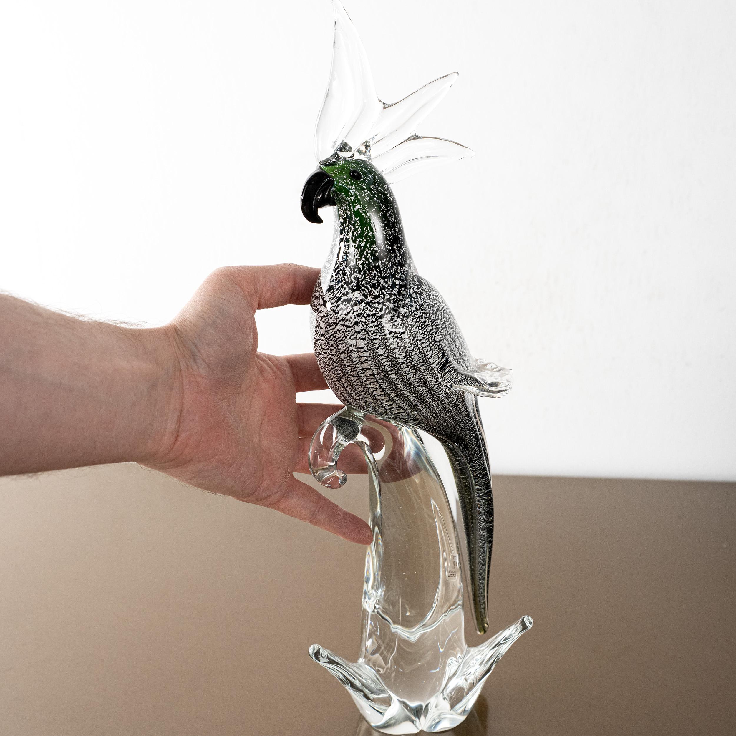 Pappagallo Scultura in vetro di Murano, foglia d'argento verde scuro Formia Venezia in vendita 3