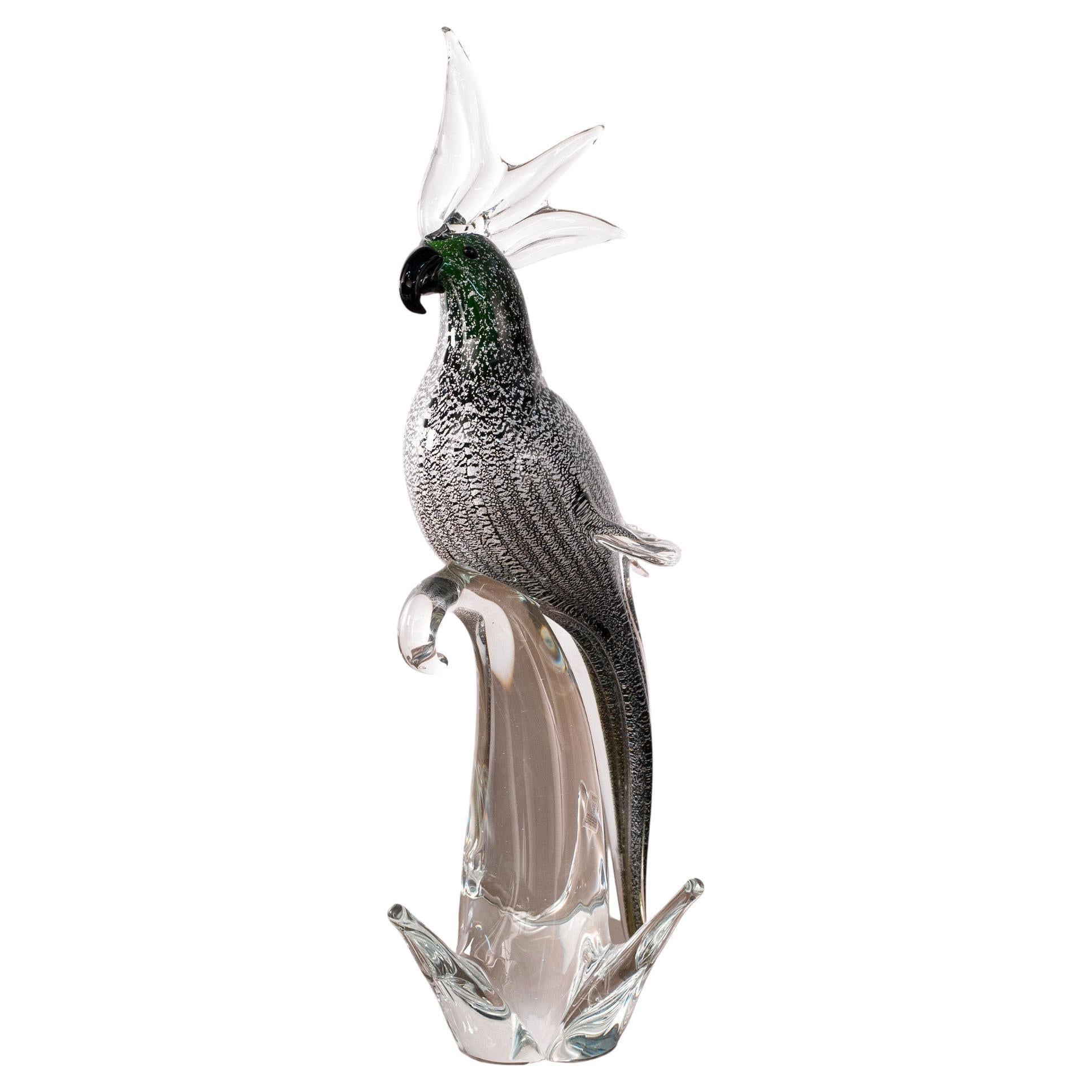 Pappagallo Scultura in vetro di Murano, foglia d'argento verde scuro Formia Venezia in vendita