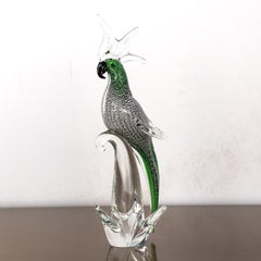 Parrot bird Sculpture in Murano glass, green silver leaf Formia Venezia Italy