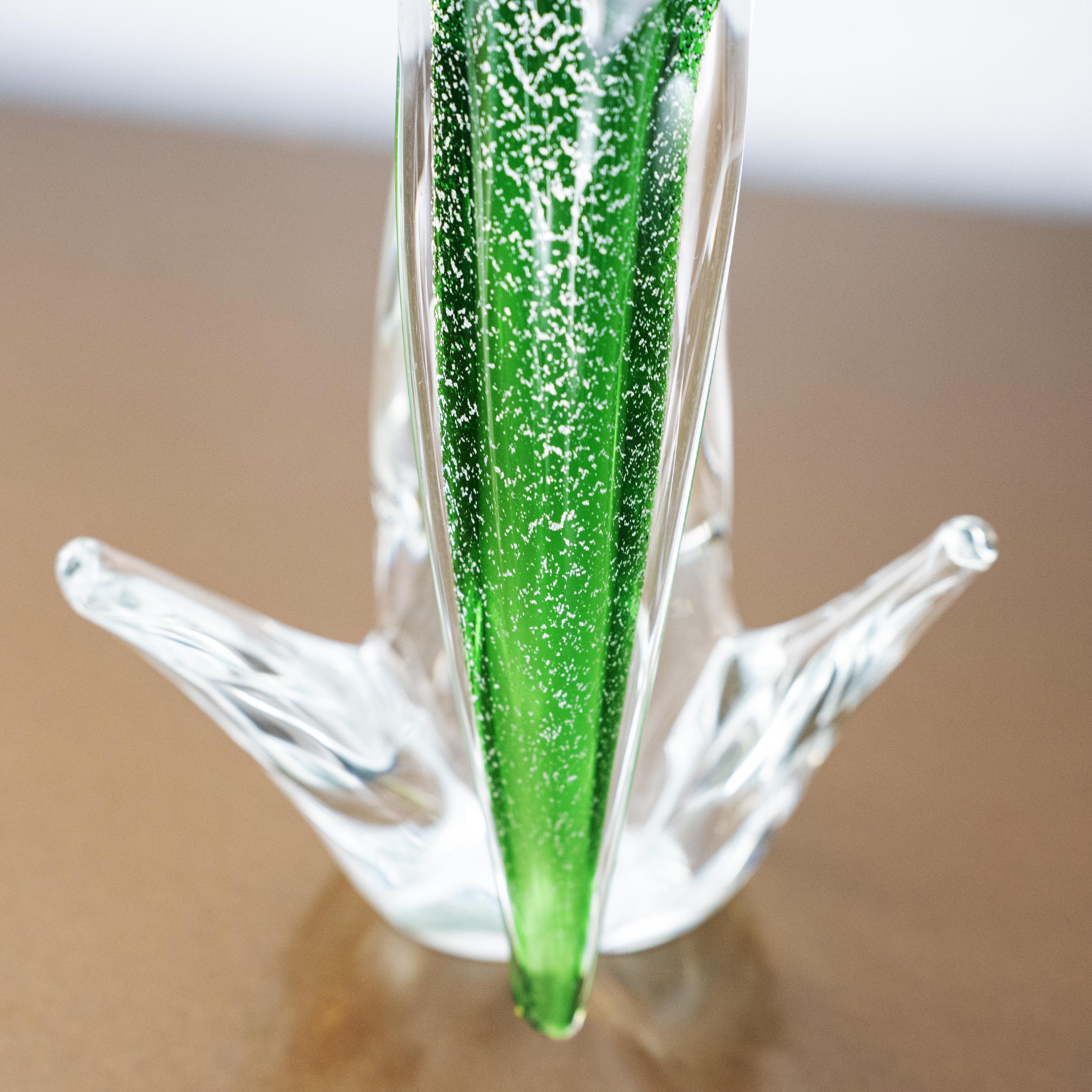 Vetro di Murano Uccello pappagallo Scultura in vetro di Murano, foglia d'argento verde Formia Venezia Italia in vendita