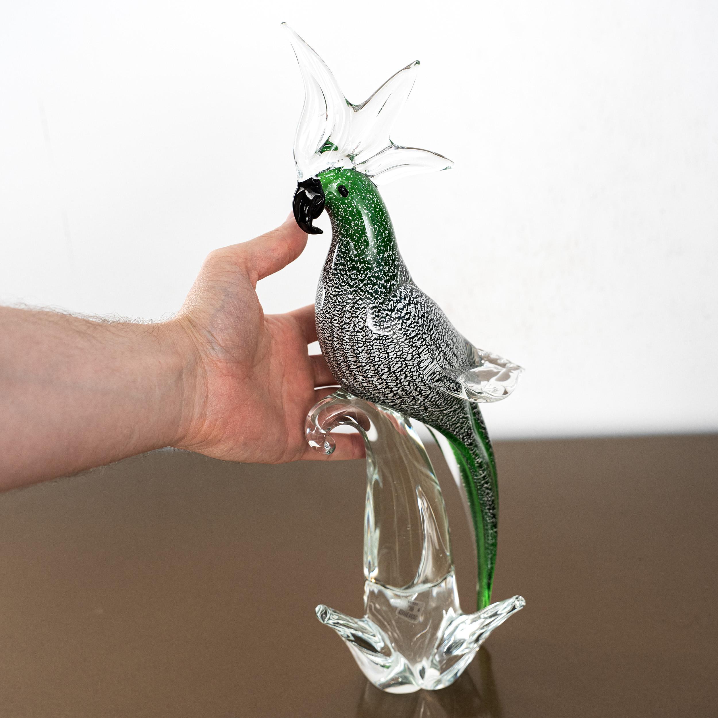 Uccello pappagallo Scultura in vetro di Murano, foglia d'argento verde Formia Venezia Italia in vendita 3
