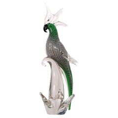 Parrot bird Sculpture in Murano glass, green silver leaf Formia Venezia Italy