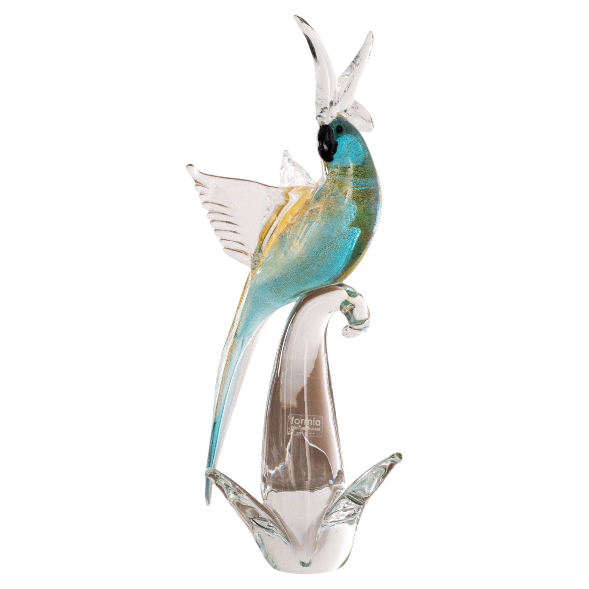 Pappagallo  scultura di uccello in vero vetro di Murano, blu e foglia d'oro, Formia Venezia