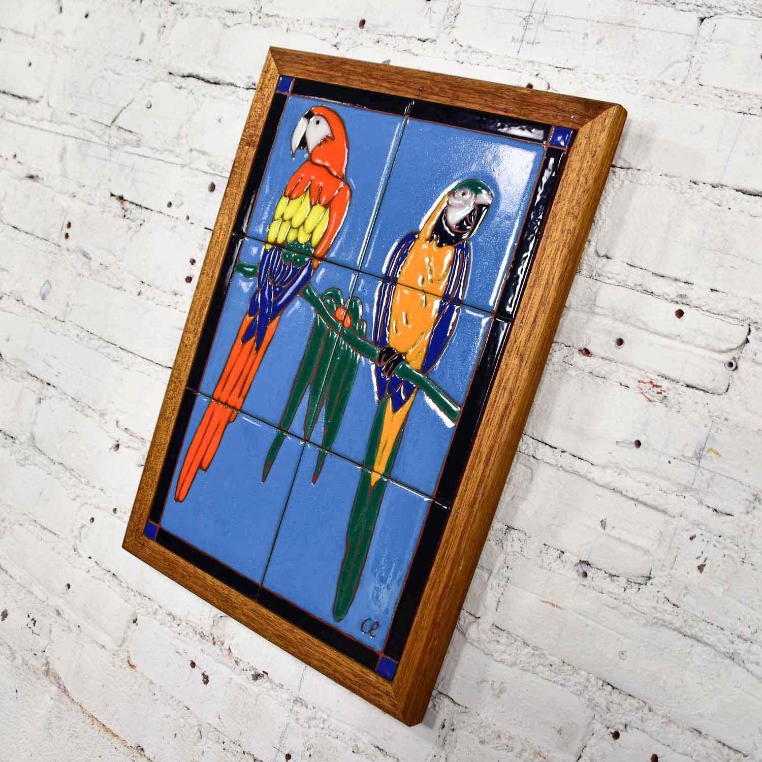 Parrot Ceramic Tile Framed Plaque by Christopher Reutinger Catalina Picture Tile For Sale 7