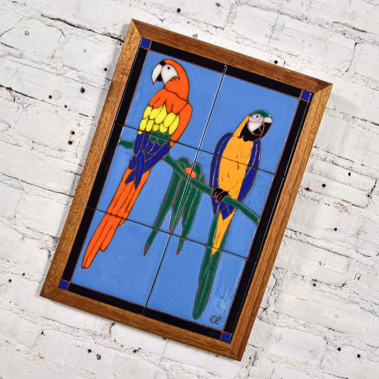 Other Parrot Ceramic Tile Framed Plaque by Christopher Reutinger Catalina Picture Tile For Sale