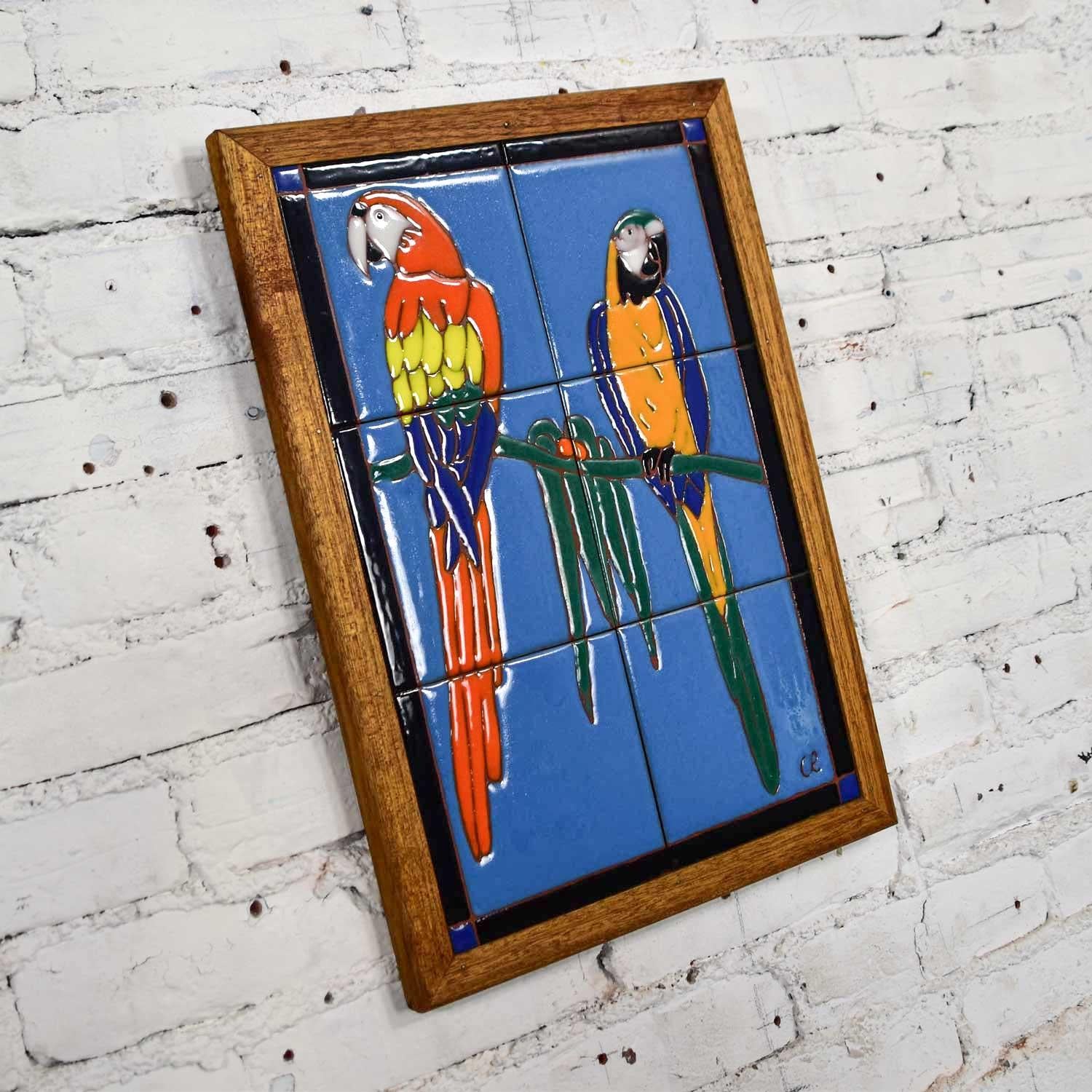 American Parrot Ceramic Tile Framed Plaque by Christopher Reutinger Catalina Picture Tile For Sale