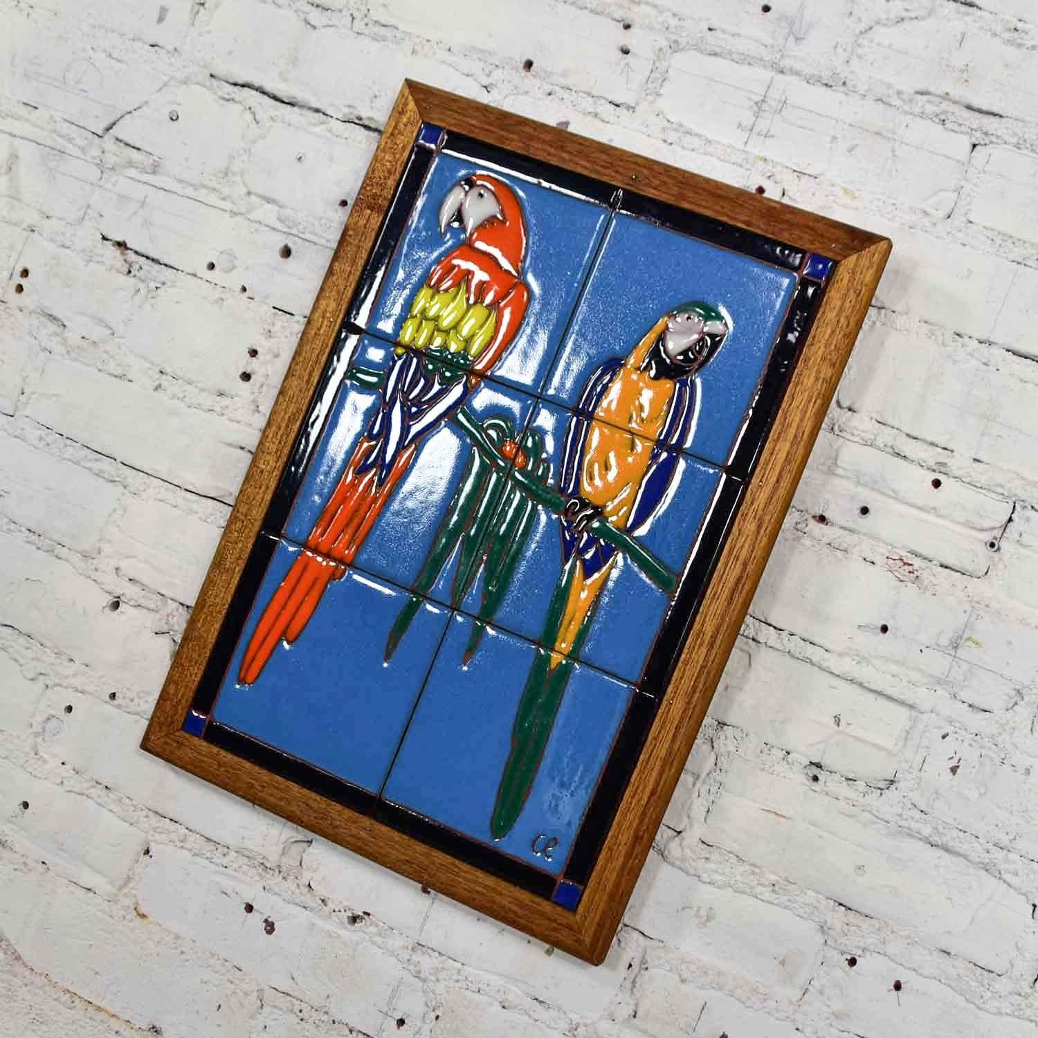 Parrot Ceramic Tile Framed Plaque by Christopher Reutinger Catalina Picture Tile In Good Condition For Sale In Topeka, KS
