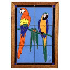 Vintage Parrot Ceramic Tile Framed Plaque by Christopher Reutinger Catalina Picture Tile