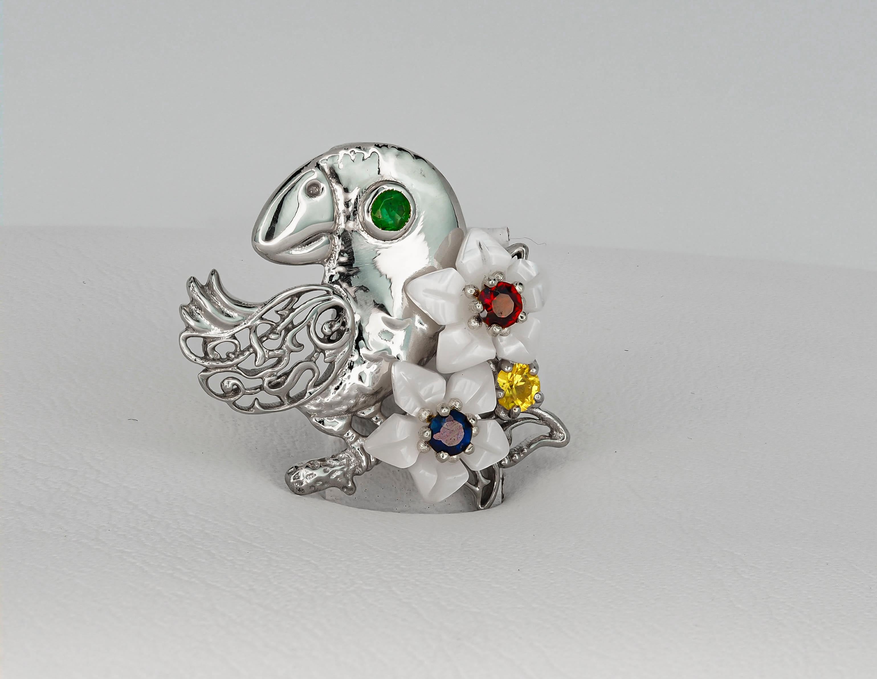Modern Parrot gold pendant with emerald, sapphires, ruby and pearl carved flowers! For Sale