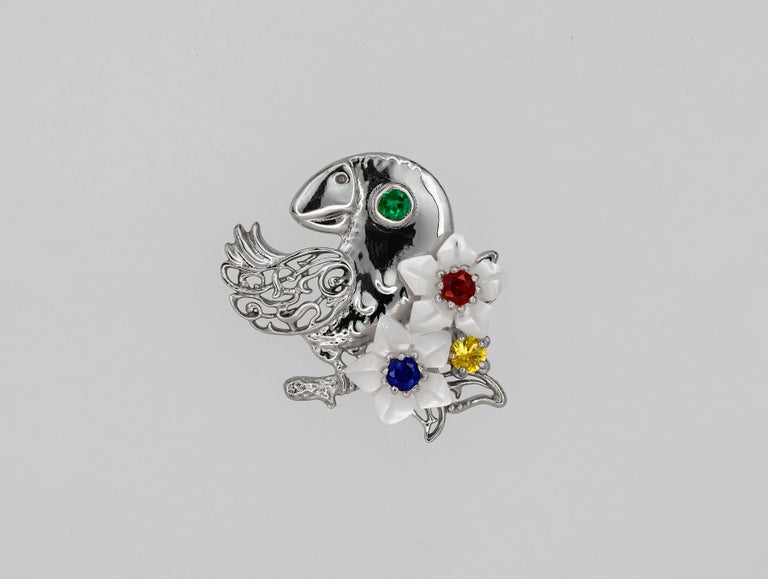 Parrot gold pendant with emerald, sapphires, ruby and pearl carved flowers In New Condition For Sale In Istanbul, TR