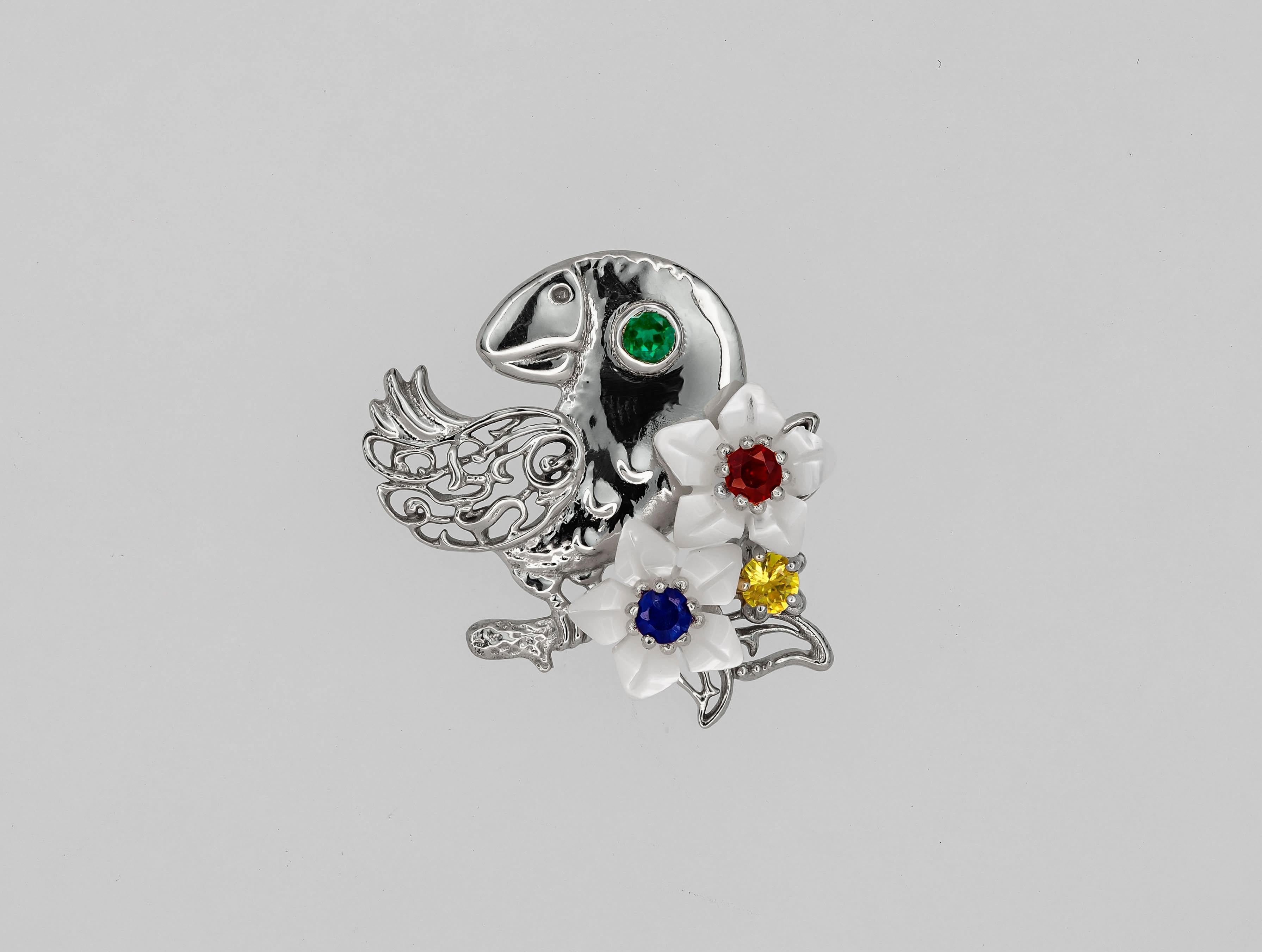 Round Cut Parrot Gold Pendant with Emerald, Sapphires, Ruby and Pearl Carved Flowers For Sale