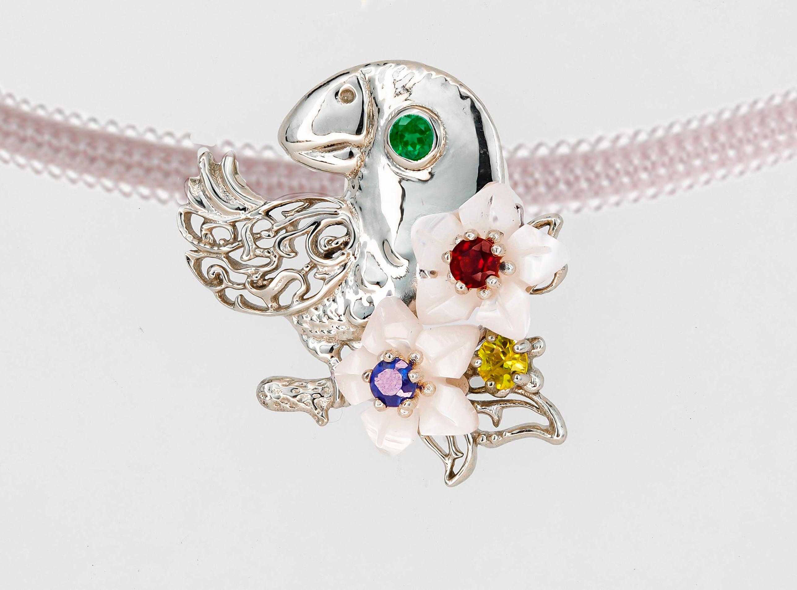 Women's Parrot gold pendant with emerald, sapphires, ruby and pearl carved flowers! For Sale