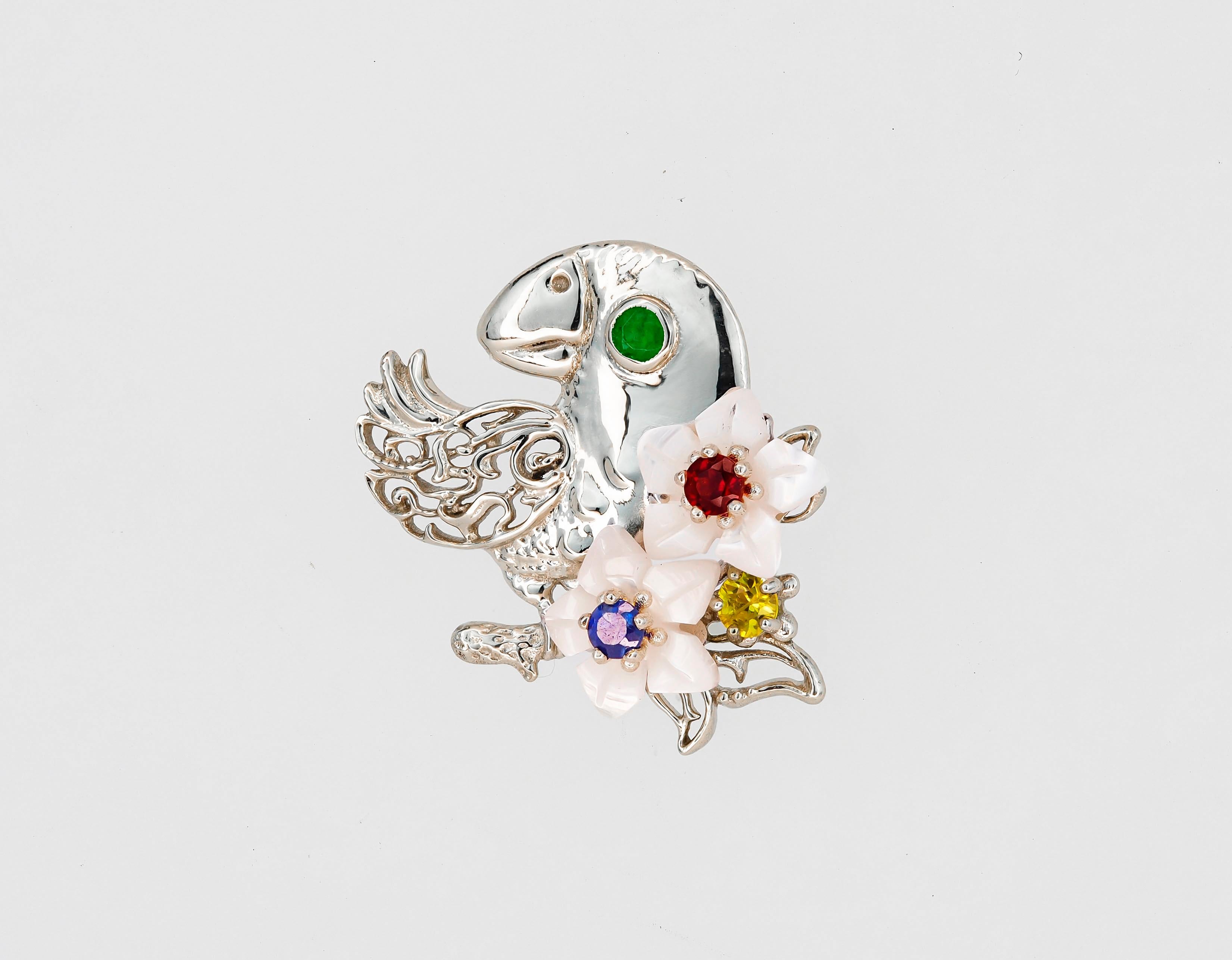 Women's Parrot Gold Pendant with Emerald, Sapphires, Ruby and Pearl Carved Flowers For Sale