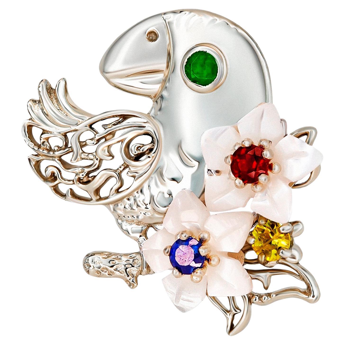 Parrot gold pendant with emerald, sapphires, ruby and pearl carved flowers! For Sale