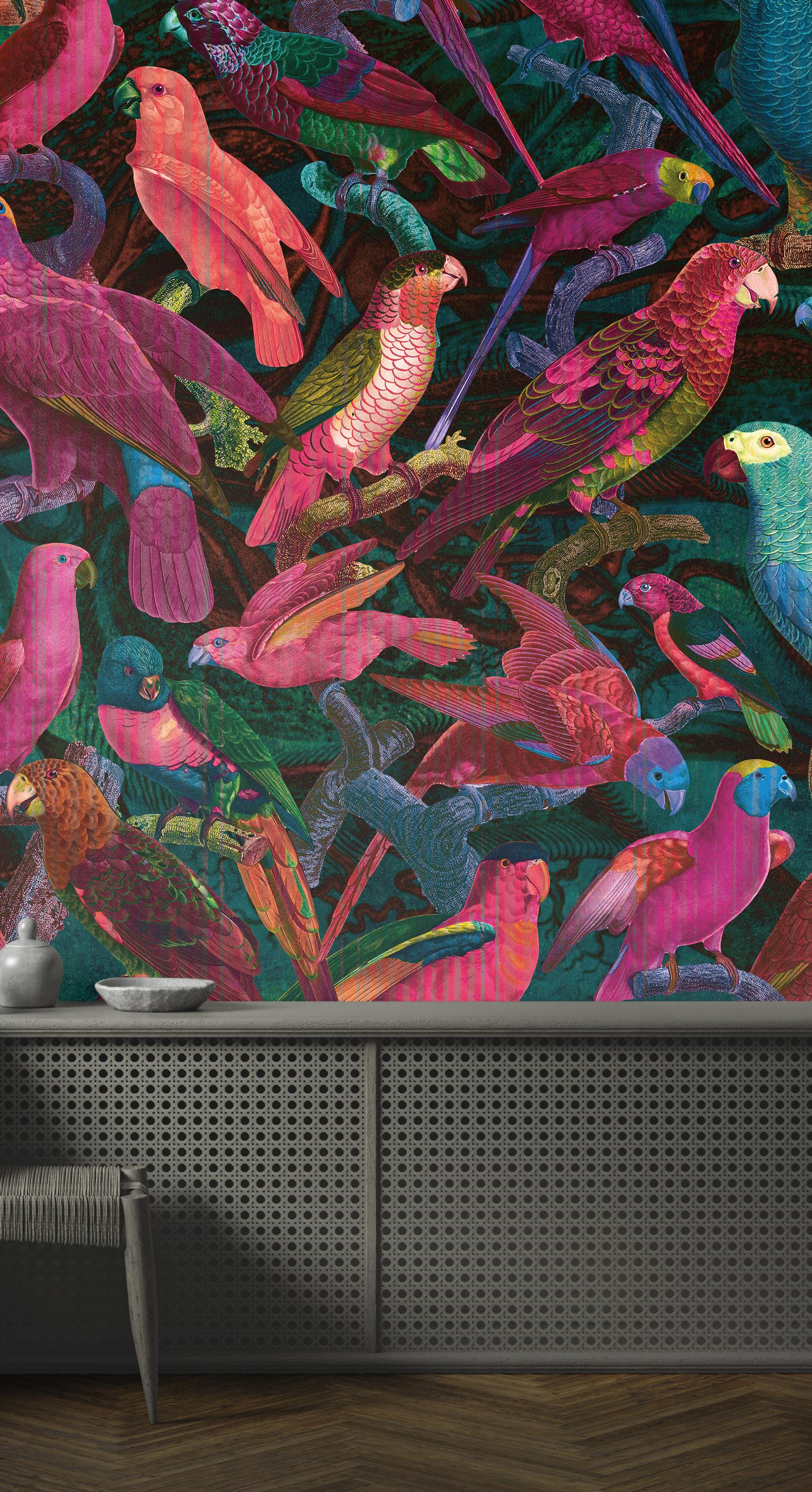 French Parrot Imperialis - custom mural wallpaper (fuchsia and blue) For Sale