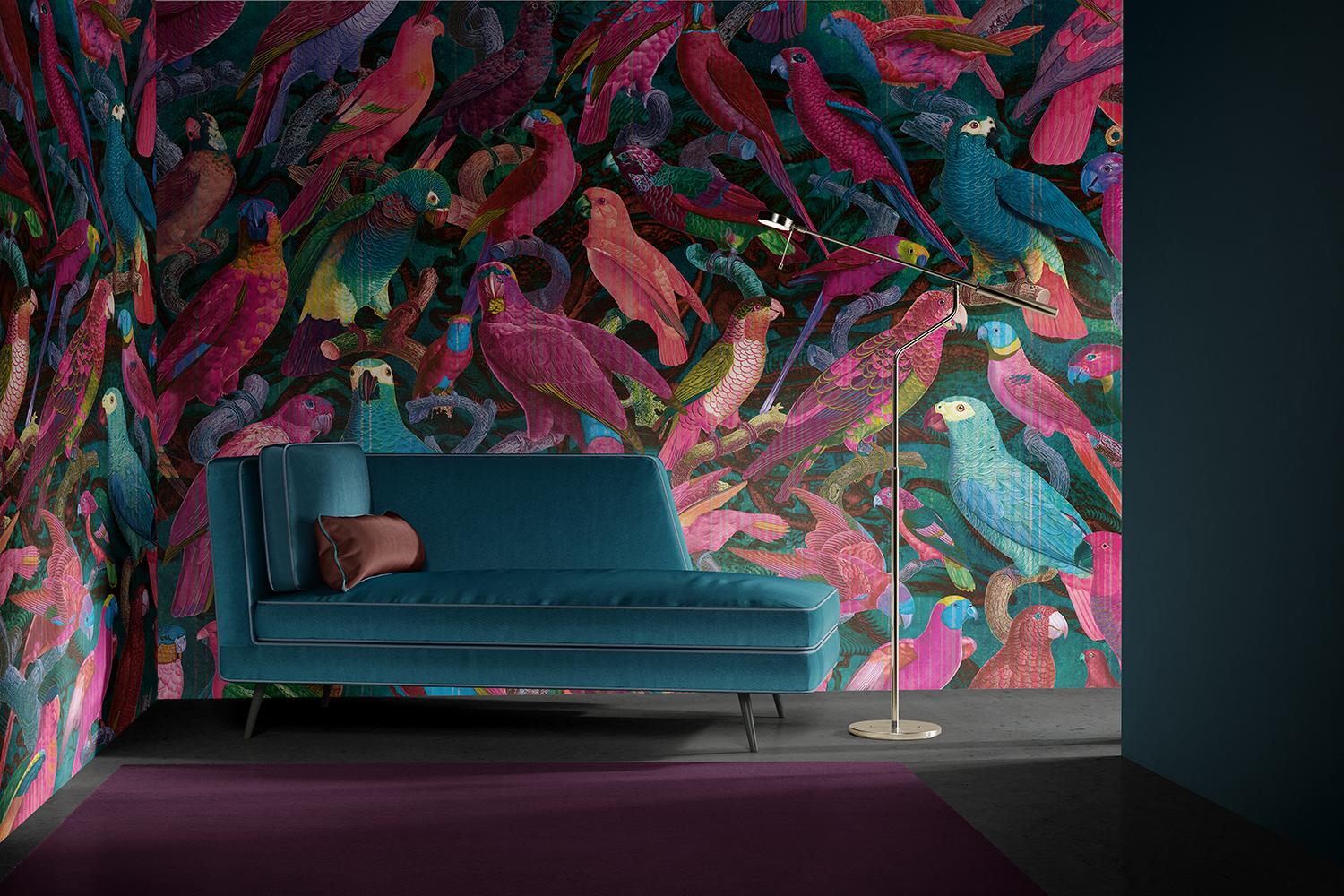 Available in custom. 
On this tropical fresco, hundreds of multicolored parrots are perched on branches and seem to parade, offering their shimmering plumage to the gazes. Each of the birds is minutely represented, giving the whole a very original