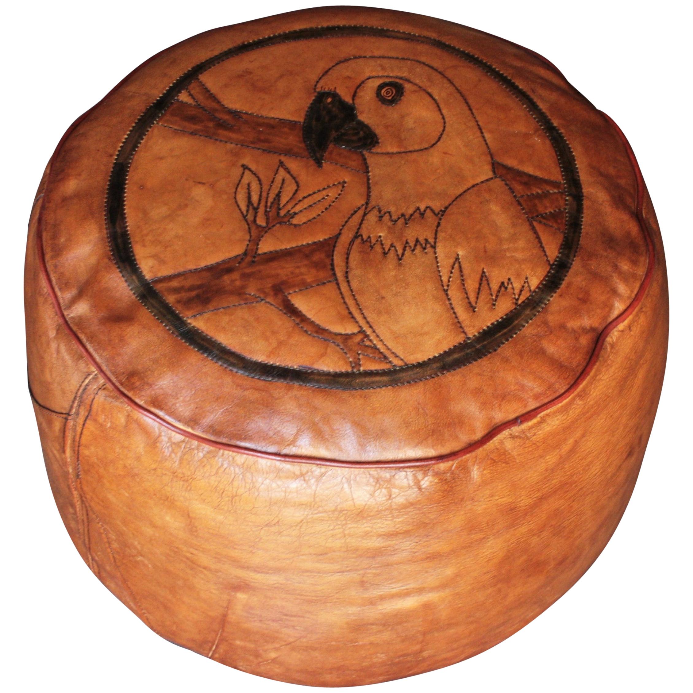 Pouf Ottoman or Footstool in Leather with Parrot Motif, 1960s