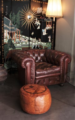 Spanish Patchwork Brown Leather Ottoman or Footstool, Parrot Motif