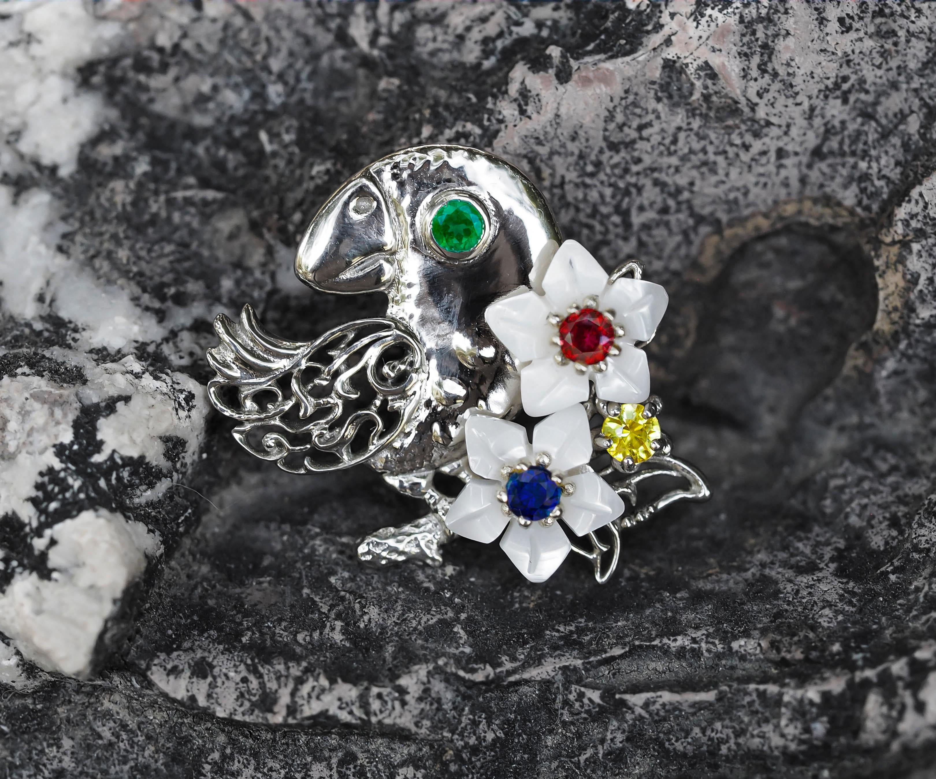 Women's Parrot on flower pendant with colored gems.  For Sale
