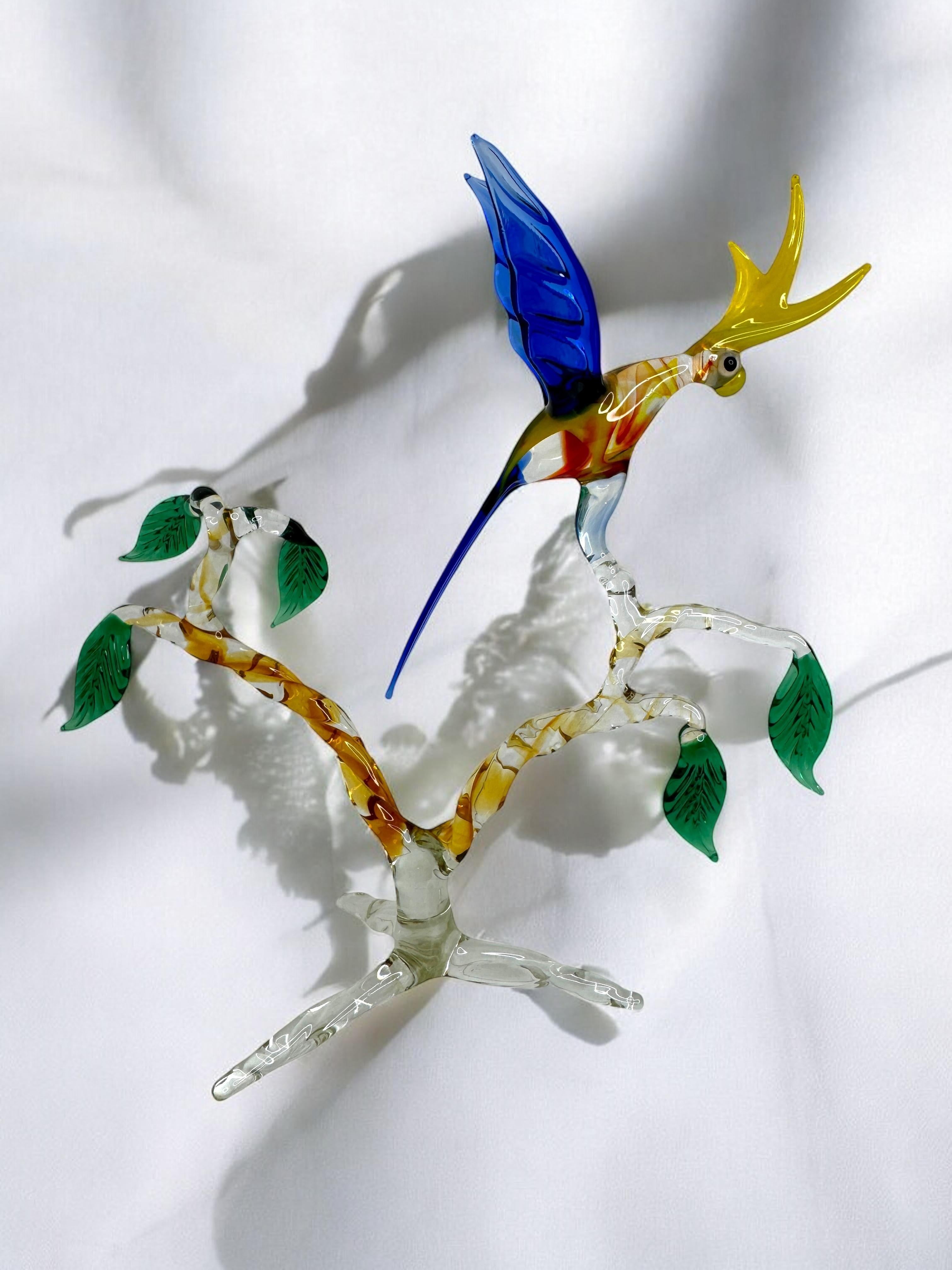Pappagallo su albero Figura di scultura in vetro di Murano metà del XX secolo, Venezia Italia in vendita 2