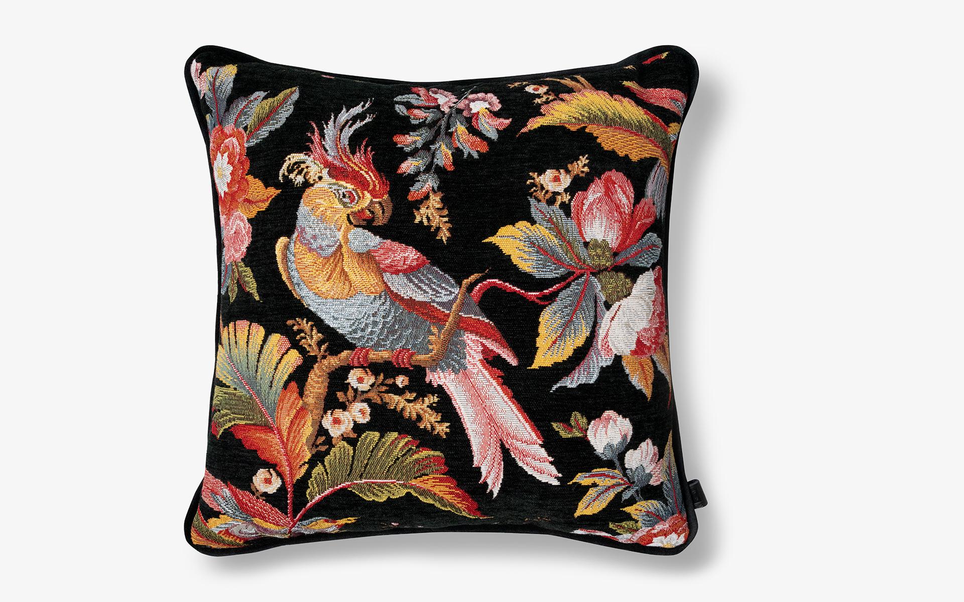 Turkish Parrot Pattern Black Velvet Large Throw Pillow / 50x50 cm For Sale