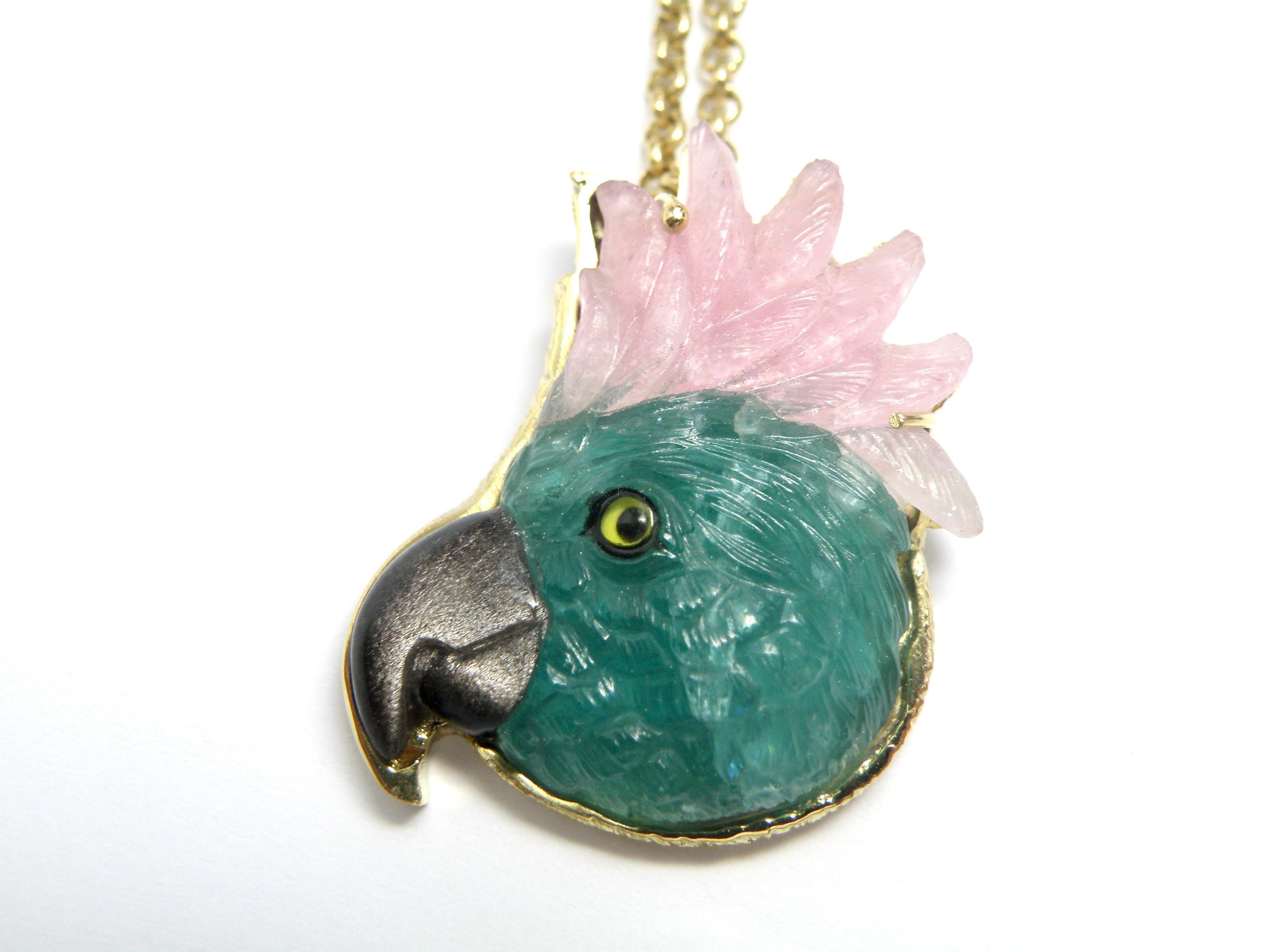 Whimsical tourmaline inlaid parrot pendant handcarved by master gem carver in Idar Oberstein, Germany.