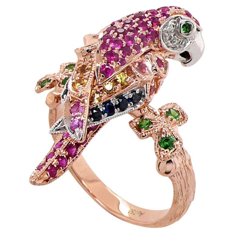 Anello Parrot in oro rosa 18 carati con zaffiro rosa, diamante e granato multi-saffiro