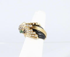 Parrot Ring with Diamonds, Onyx, Emeralds and Coral Set in 18 Karat Yellow Gold