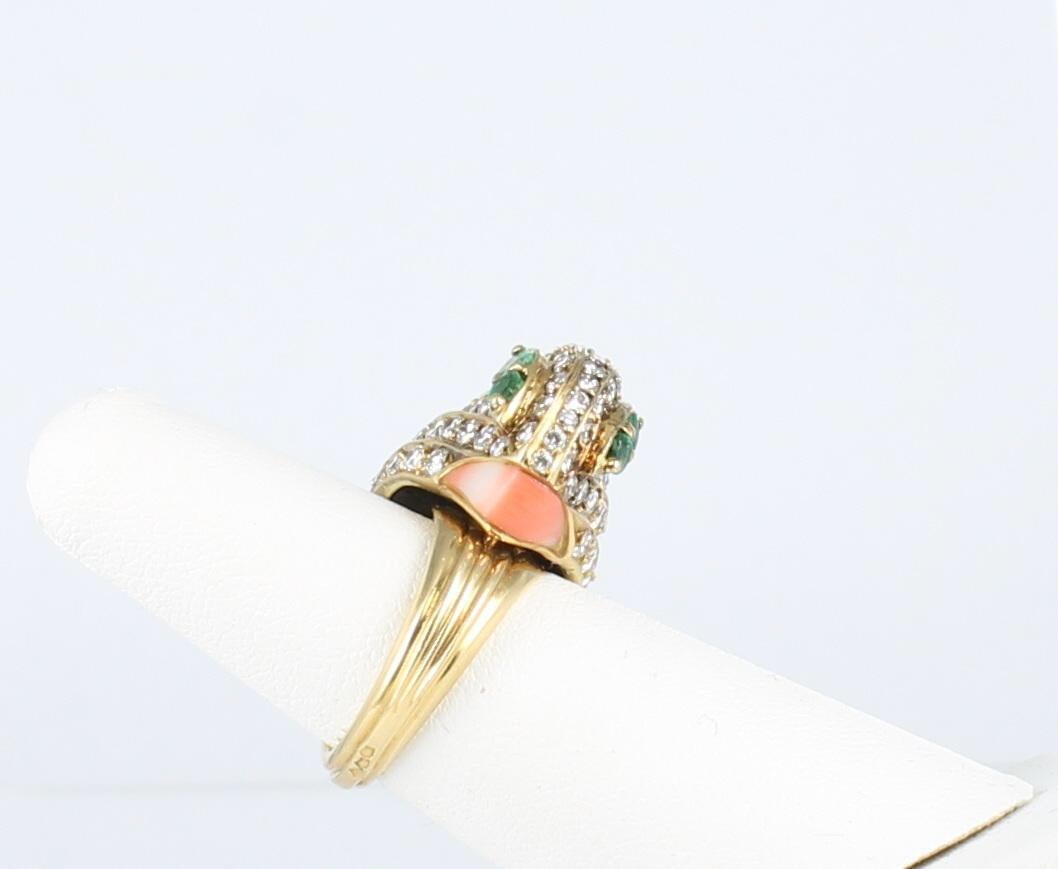 Modern Parrot Ring with Diamonds, Onyx, Emeralds and Coral Set in 18 Karat Yellow Gold For Sale