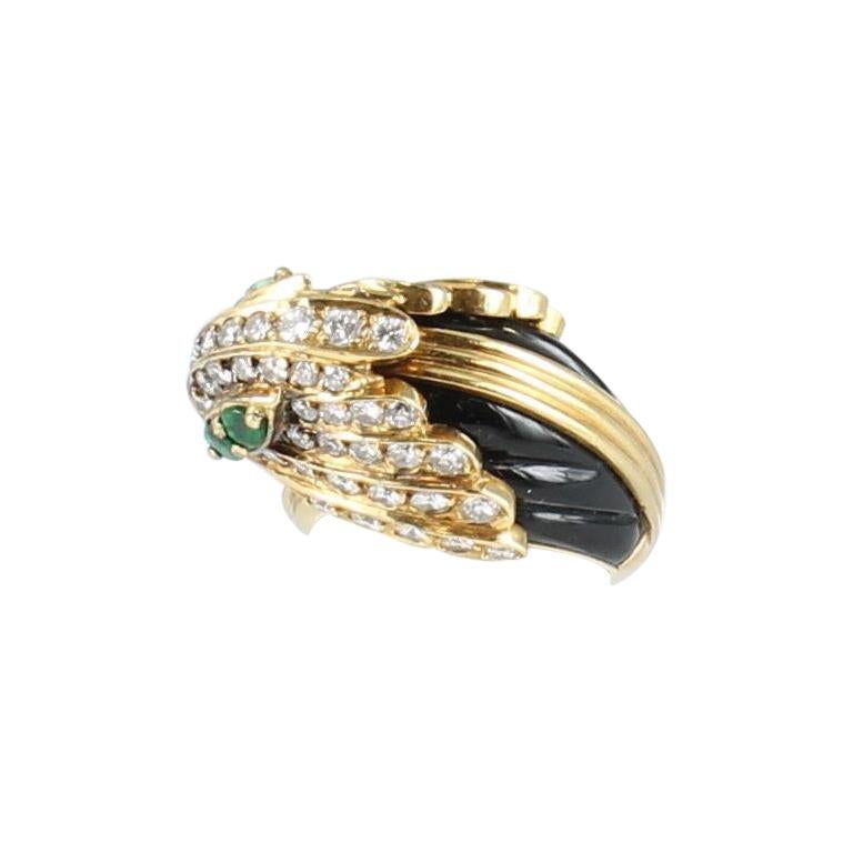 Parrot Ring with Diamonds, Onyx, Emeralds and Coral Set in 18 Karat Yellow Gold For Sale