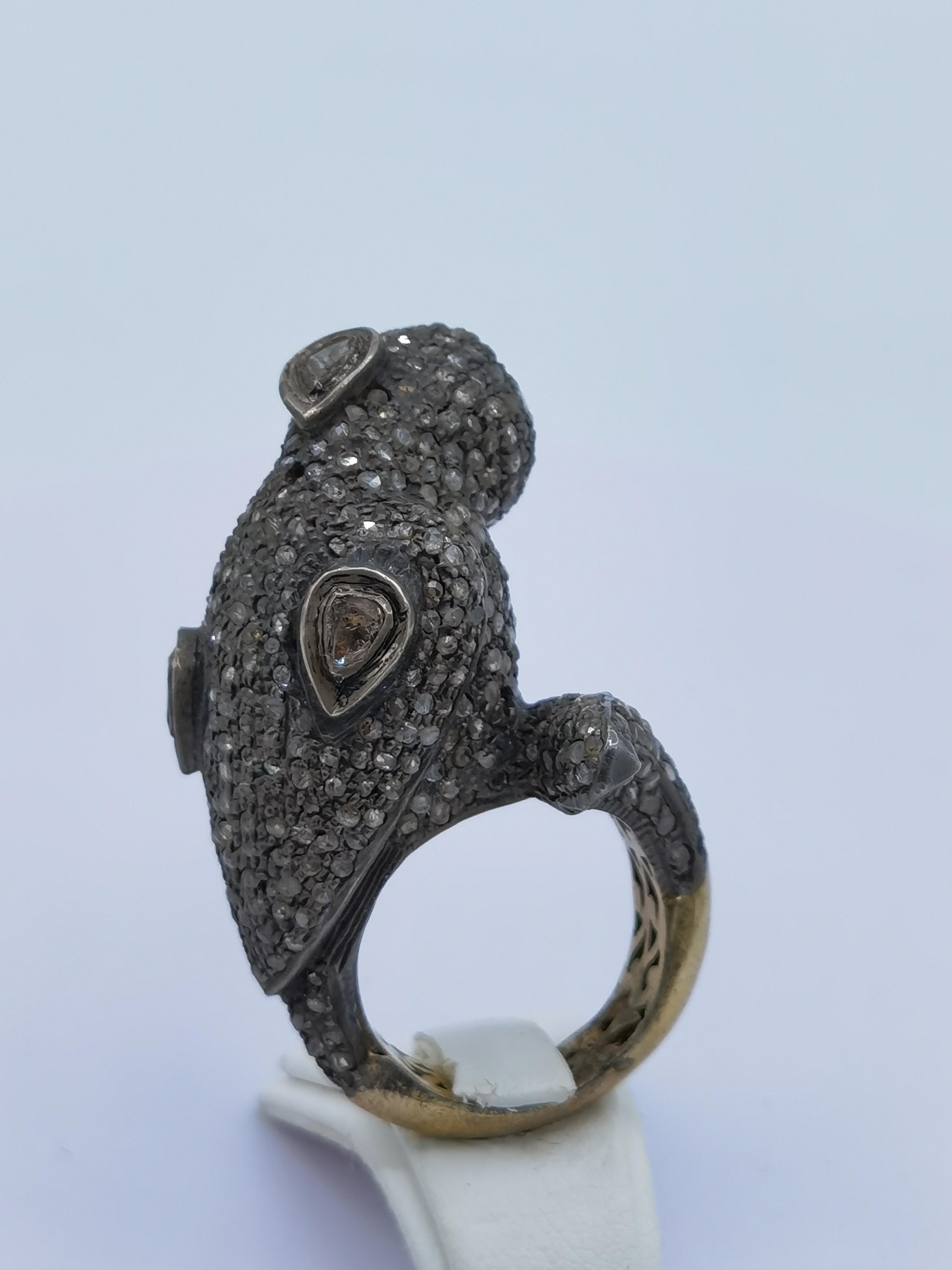 Parrot ring with old cut diamond silver gold plated In New Condition For Sale In Bad Kissingen, DE
