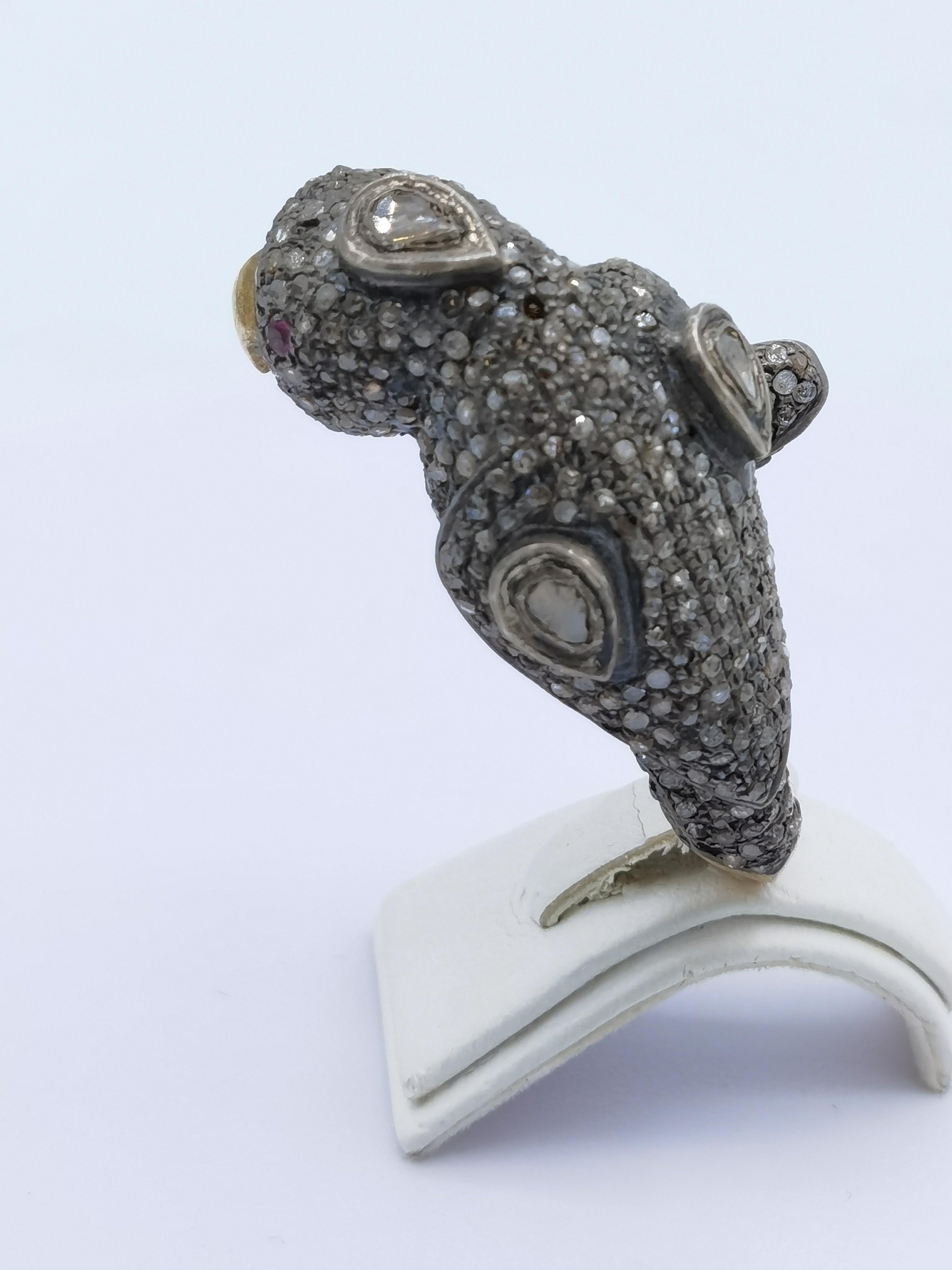 Women's or Men's Parrot ring with old cut diamond silver gold plated For Sale