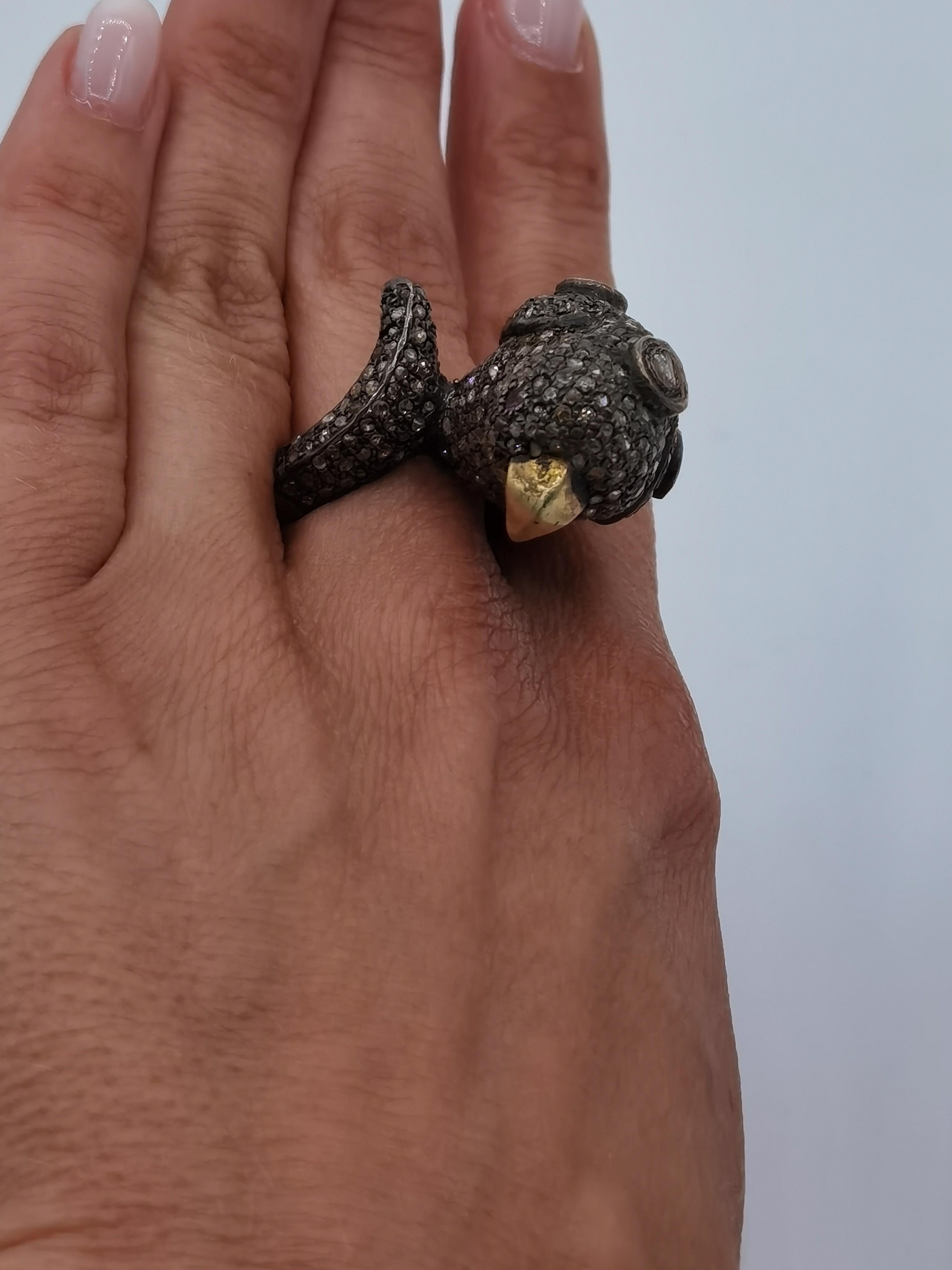 Parrot ring with old cut diamond silver gold plated For Sale 1