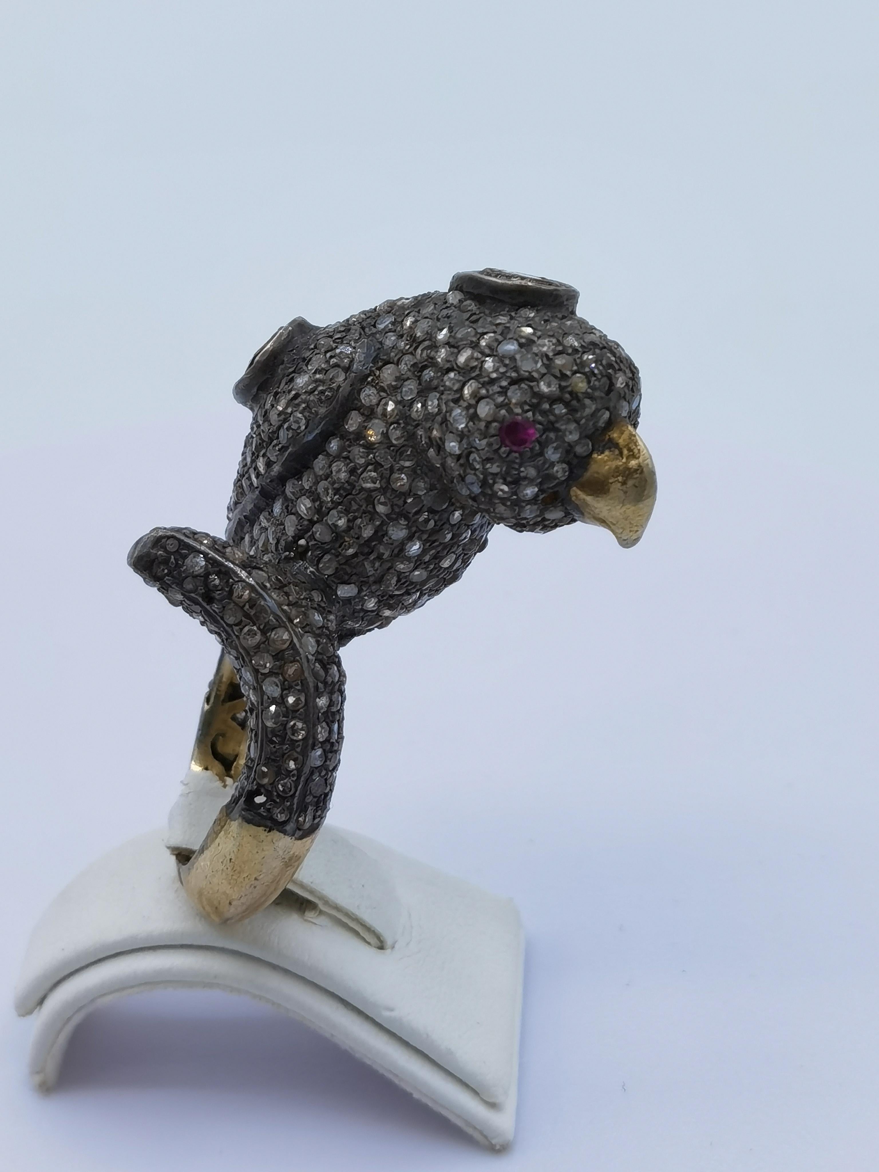 Parrot ring with old cut diamond silver gold plated For Sale 3