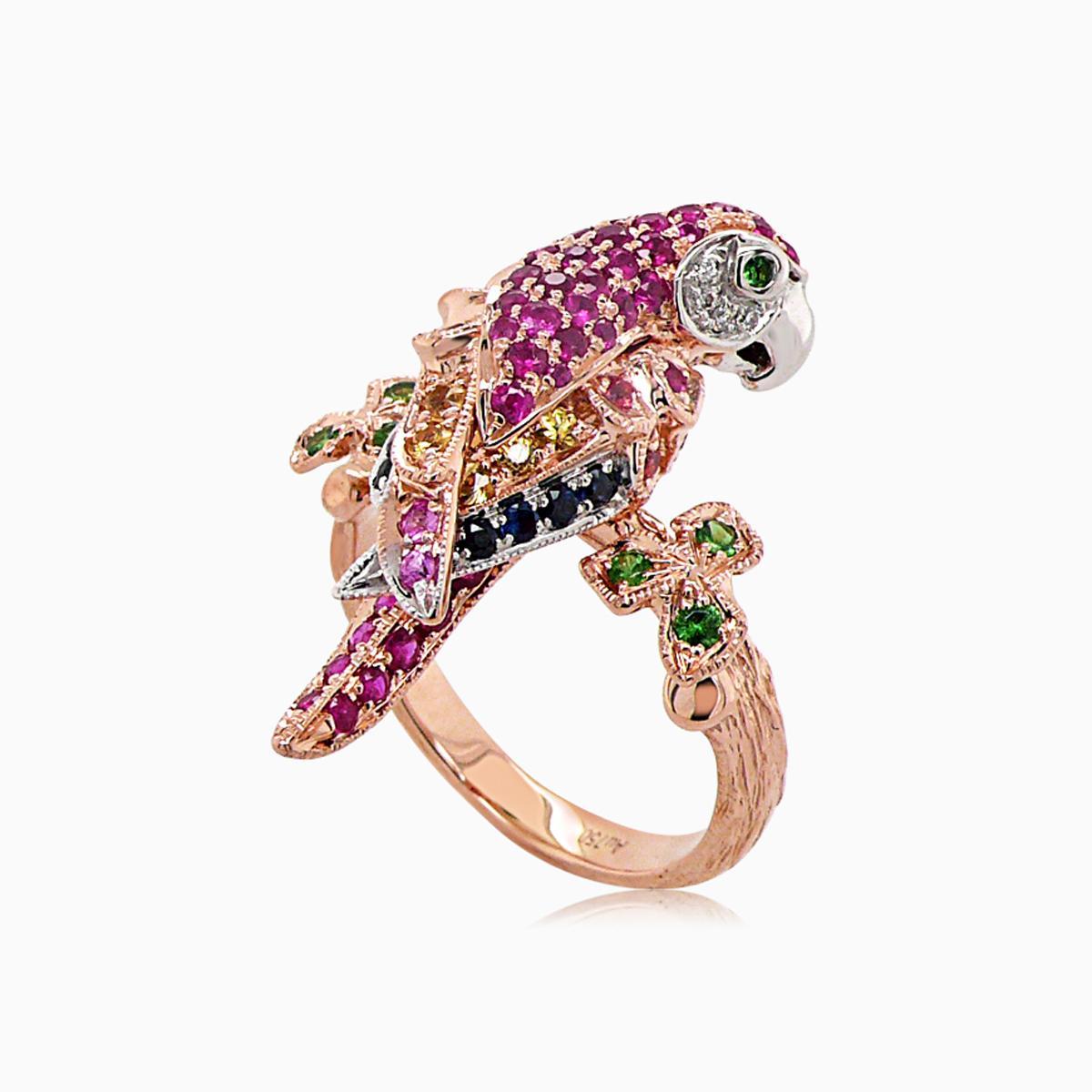 Mixed Cut Parrot Ruby Pink Sapphire Diamond & Multi-Sapphire Garnet 18K Rose Gold Ring For Sale