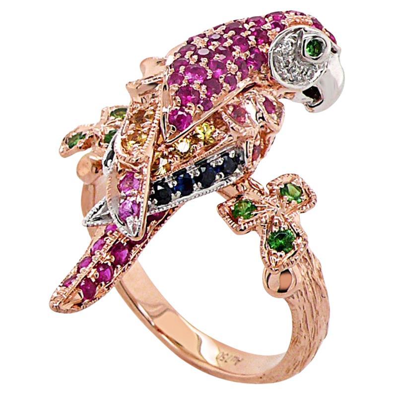Parrot Ruby Pink Sapphire Diamond & Multi-Sapphire Garnet 18K Rose Gold Ring