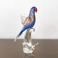 Parrot Sculpture in Blue Murano glass with golden details, Italy in stock