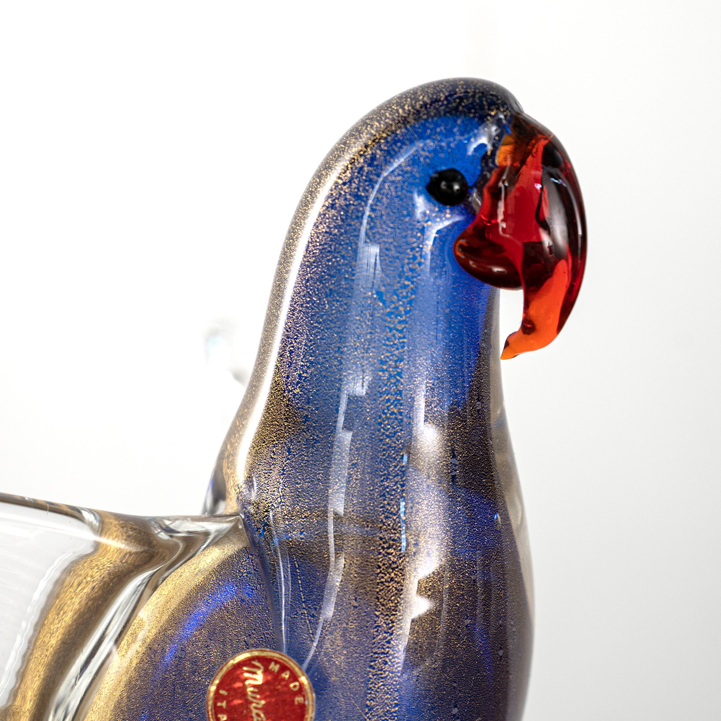 Italian Parrot Sculpture in Blue Murano glass with golden details, Italy in stock For Sale