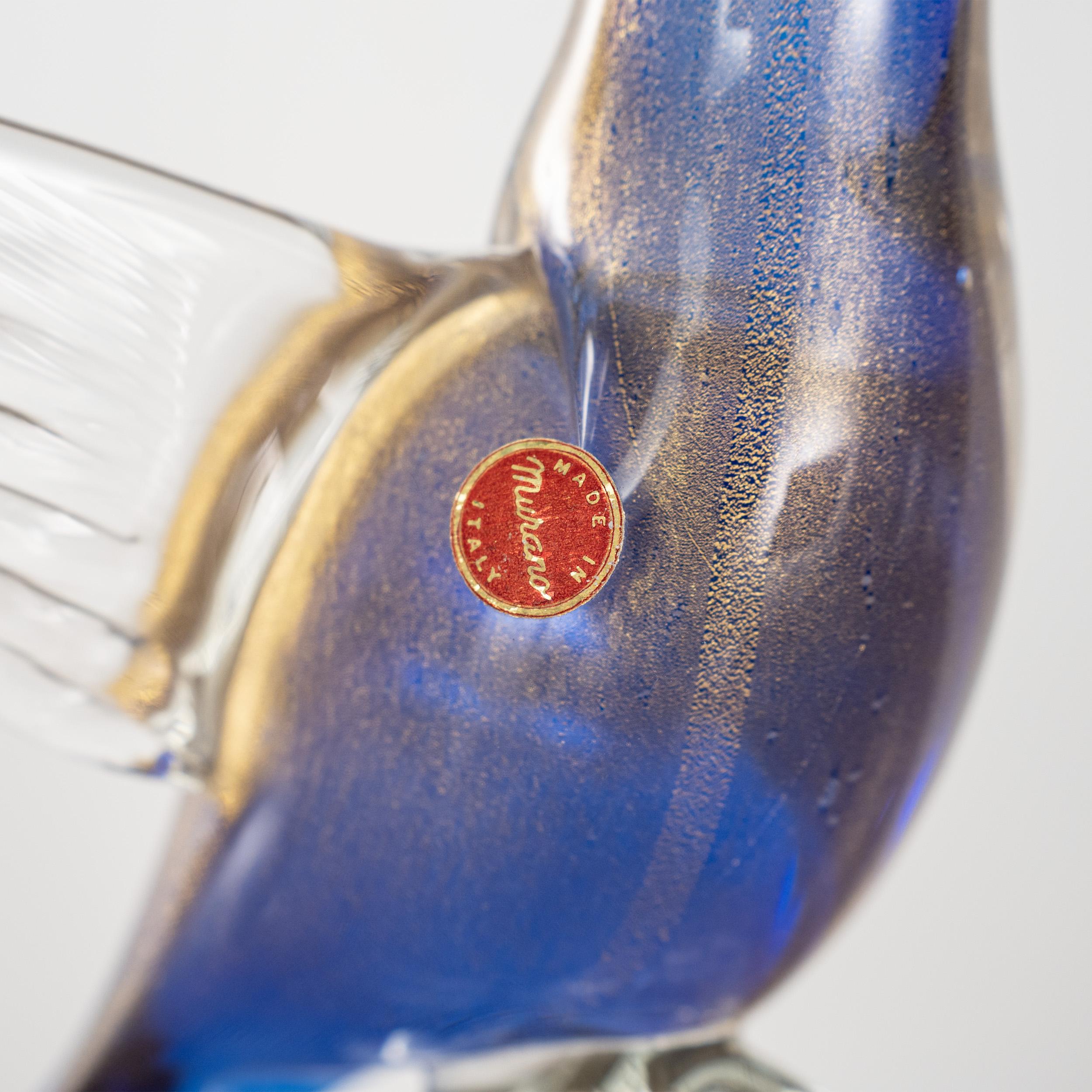 Hand-Crafted Parrot Sculpture in Blue Murano glass with golden details, Italy in stock For Sale