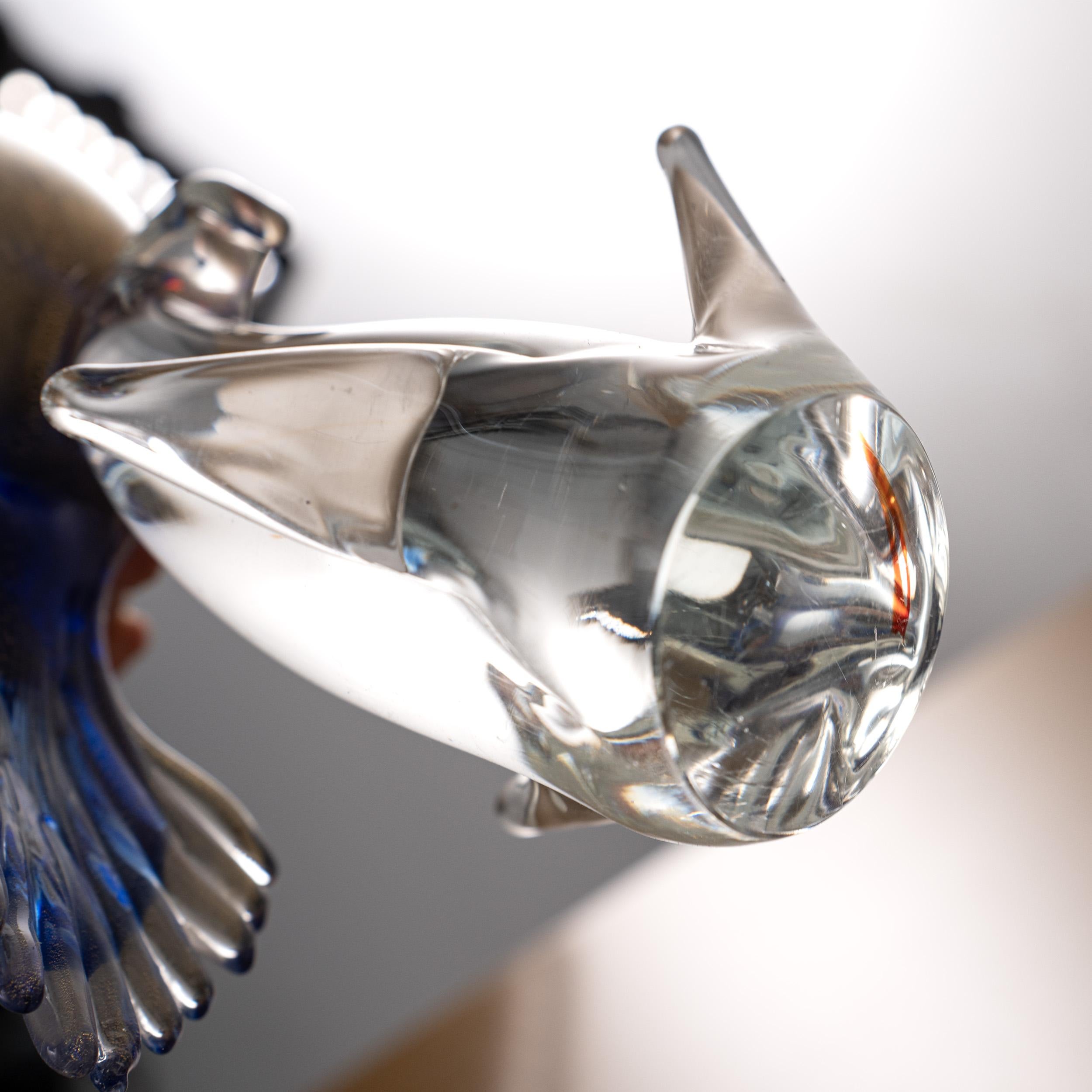 Murano Glass Parrot Sculpture in Blue Murano glass with golden details, Italy in stock For Sale