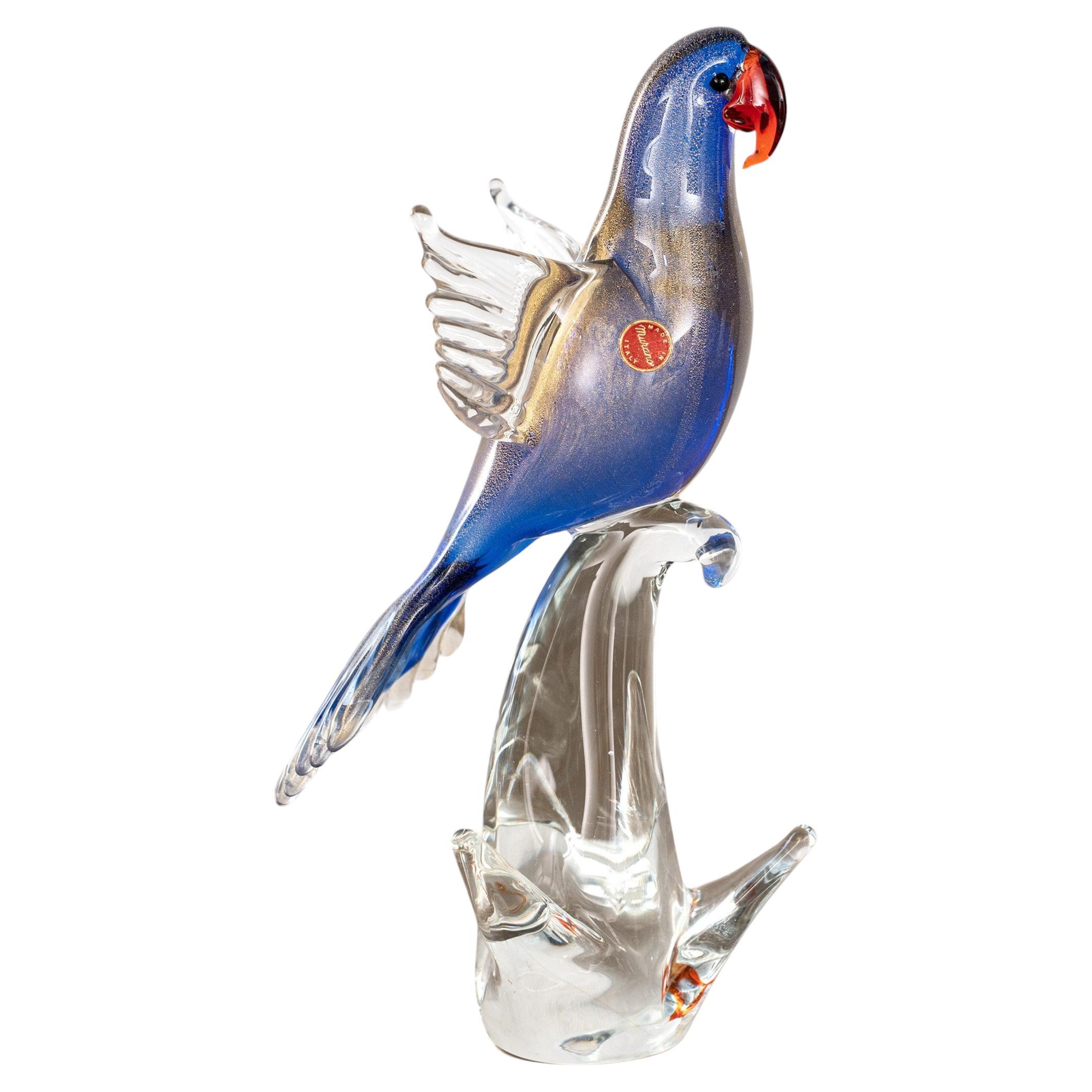 Parrot Sculpture in Blue Murano glass with golden details, Italy in stock